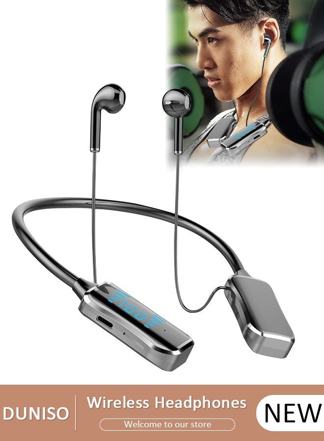 DUNISO سماعات رأس لاسلكية بلوتوث 5.2 مع شريط حول الرقبة مع سماعات أذن قابلة للسحب وإلغاء الضوضاء سماعات ستيريو مقاومة للعرق مع ميكروفون للمكتب والجري في صالة الألعاب الرياضية - Image 1